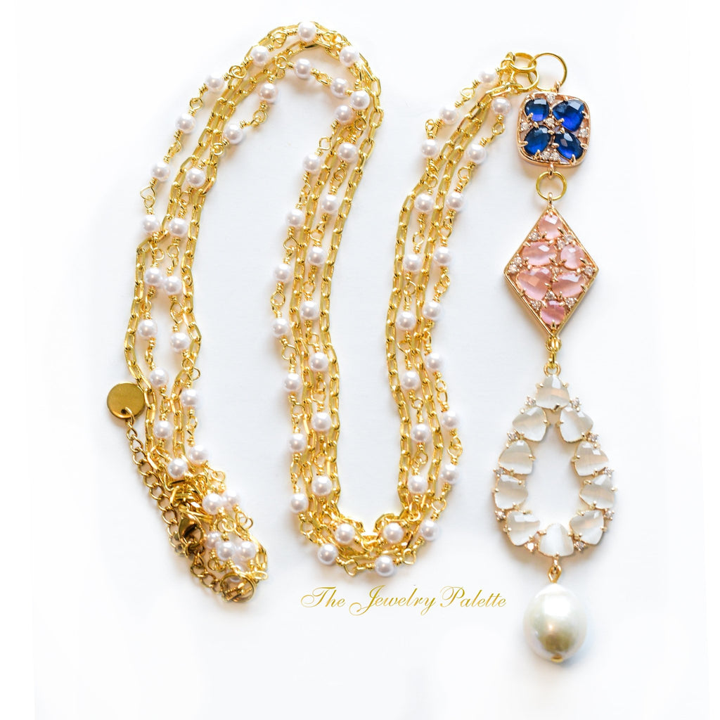 Cynthia necklace with three tier pendant and blue stones - The Jewelry Palette