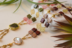 Daphne beige jasper and brown agate gold chain tassel necklace - The Jewelry Palette