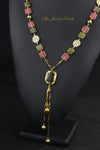 Daphne green unakite and pink quartz gold chain tassel necklace - The Jewelry Palette