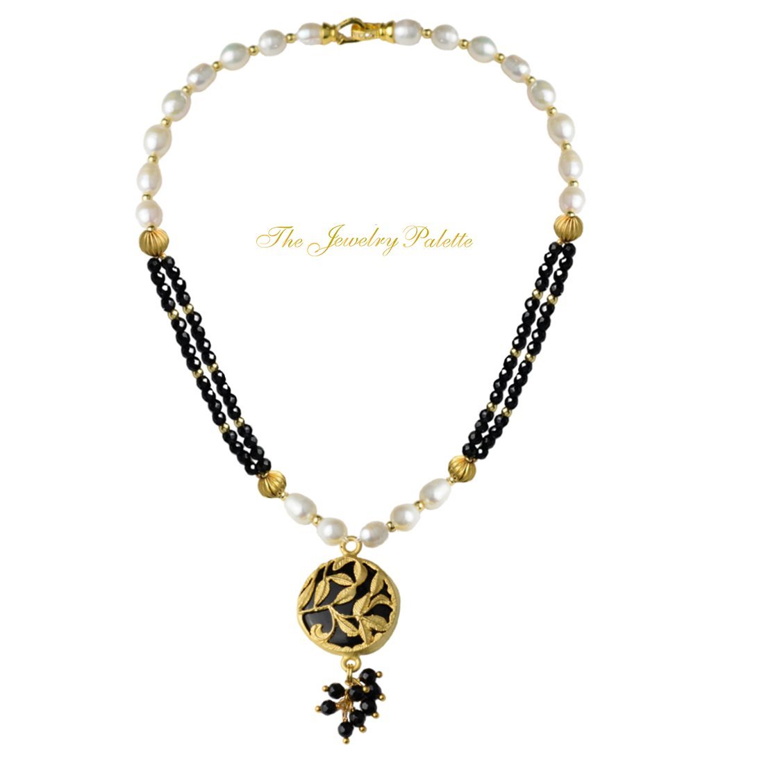 Deena black onyx and white freshwater pearl pendant necklace | The