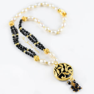 Deena black onyx and white freshwater pearl pendant necklace - The Jewelry Palette