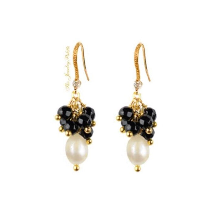 Deena black onyx cluster and white freshwater pearl earrings - The Jewelry Palette
