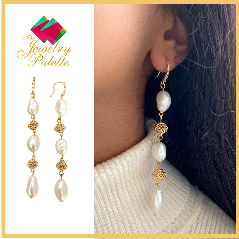 Defne intricate gold and white freshwater pearl long earrings - The Jewelry Palette