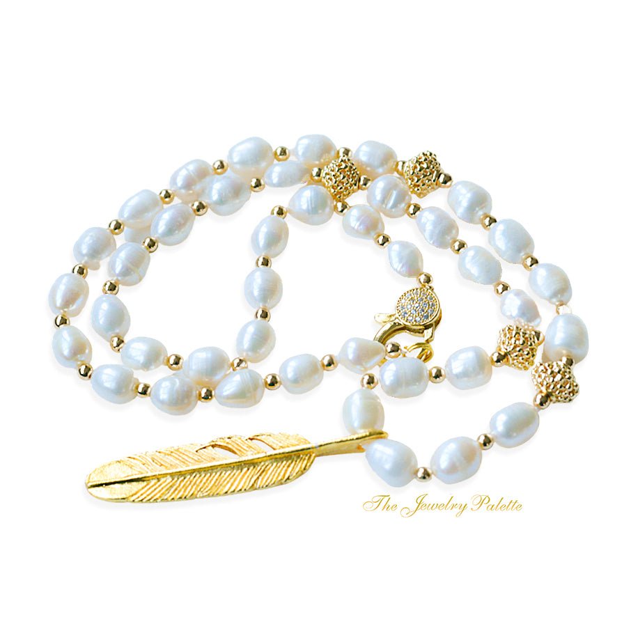 Defne white pearl necklace with gold leaf pendant - The Jewelry Palette
