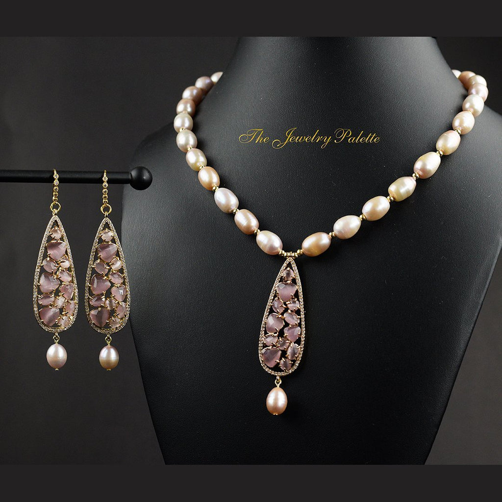 Elif lavender pearl set with zircon pendant - The Jewelry Palette