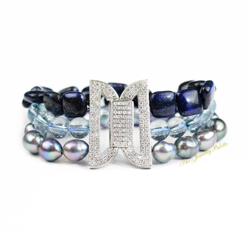 Helena lapis lazuli, grey pearl and light blue topaz three-tier bracelet - The Jewelry Palette