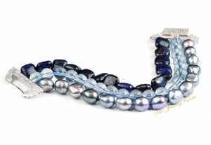 Helena lapis lazuli, grey pearl and light blue topaz three-tier bracelet - The Jewelry Palette
