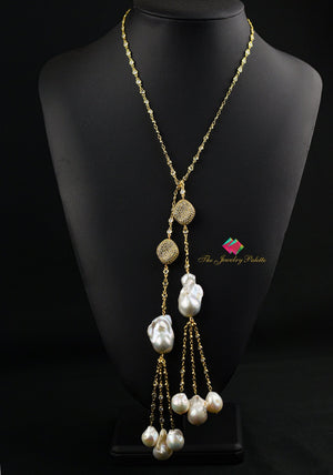 Isabelle gold zircon studded chain and pearl tassel necklace - The Jewelry Palette