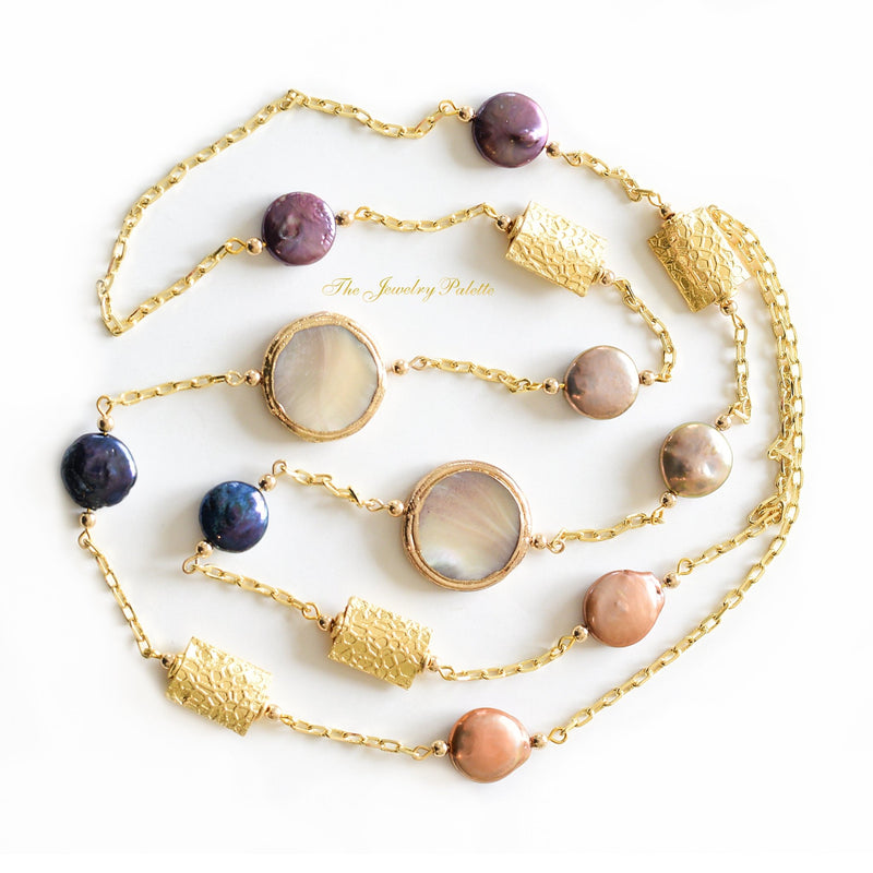 Lara multicolor coin pearls and gold chain necklace - The Jewelry Palette