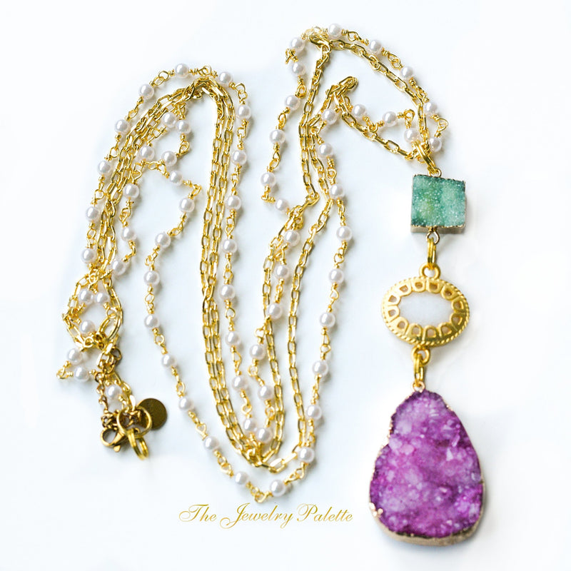 Lily pearl chain necklace with fuschia druzy pendant - The Jewelry Palette