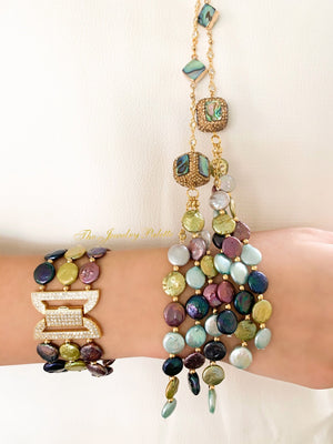 Luna three-tier coin pearl bracelet with gold clasp - The Jewelry Palette