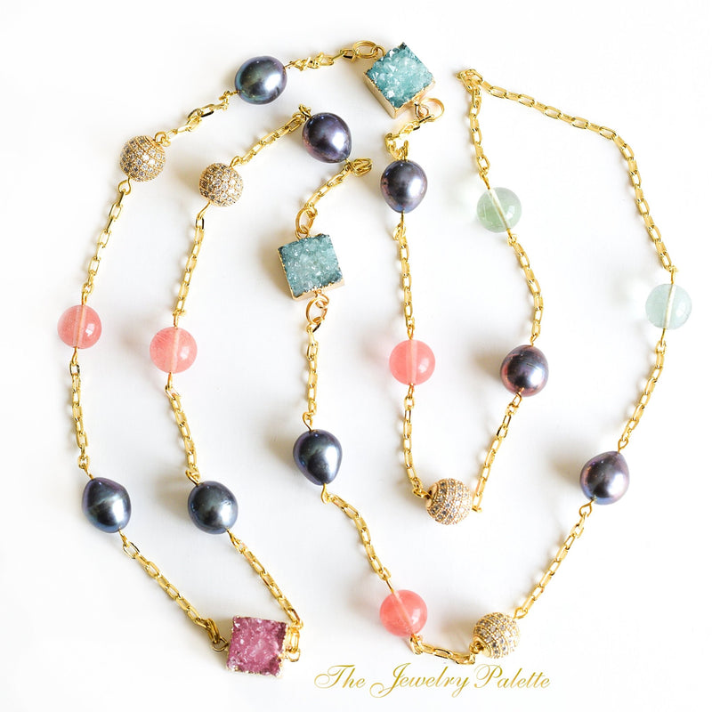 Madison square druzy and grey pearl chain necklace - The Jewelry Palette