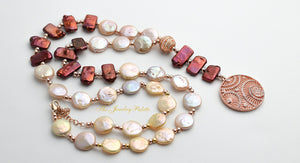 Mia ivory and rust baroque coin pearl with rose gold pendant necklace - The Jewelry Palette