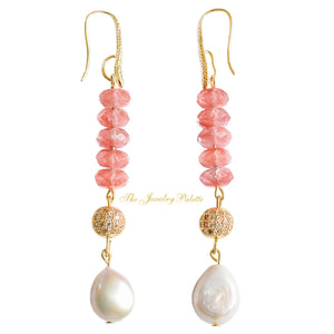 Nargis white freshwater pearl and pink quartz long earrings - The Jewelry Palette