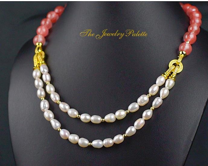 Nargis white freshwater pearl and pink quartz necklace - The Jewelry Palette