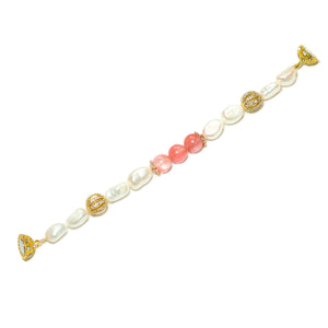 Nargis white freshwater pearl and pink quartz trio bracelet - The Jewelry Palette