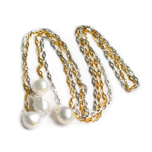 Natalie silver and gold chain necklace with white baroque pearls - The Jewelry Palette