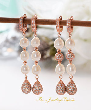 Pinar white freshwater pearl and zircon long earrings - The Jewelry Palette