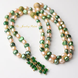 Pink and green pearl tasbeeh (rosary) with green chain tassel - The Jewelry Palette