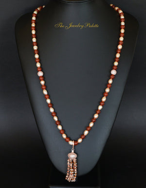 Pink pearl and carnelian tasbeeh (rosary) with rose gold tassel - The Jewelry Palette