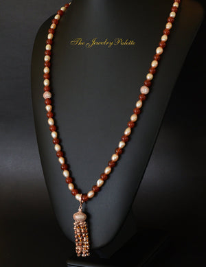 Pink pearl and carnelian tasbeeh (rosary) with rose gold tassel - The Jewelry Palette