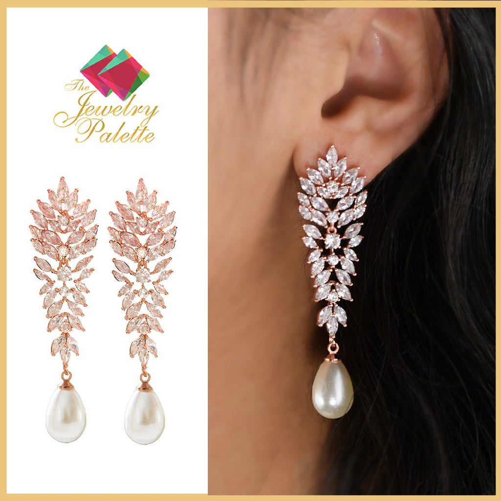 Safa rose gold zircon and pearl drop earrings - The Jewelry Palette