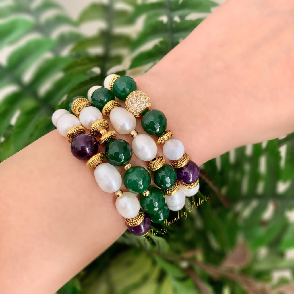 Sophia emerald, amethyst and freshwater pearl stretch bracelets - The Jewelry Palette