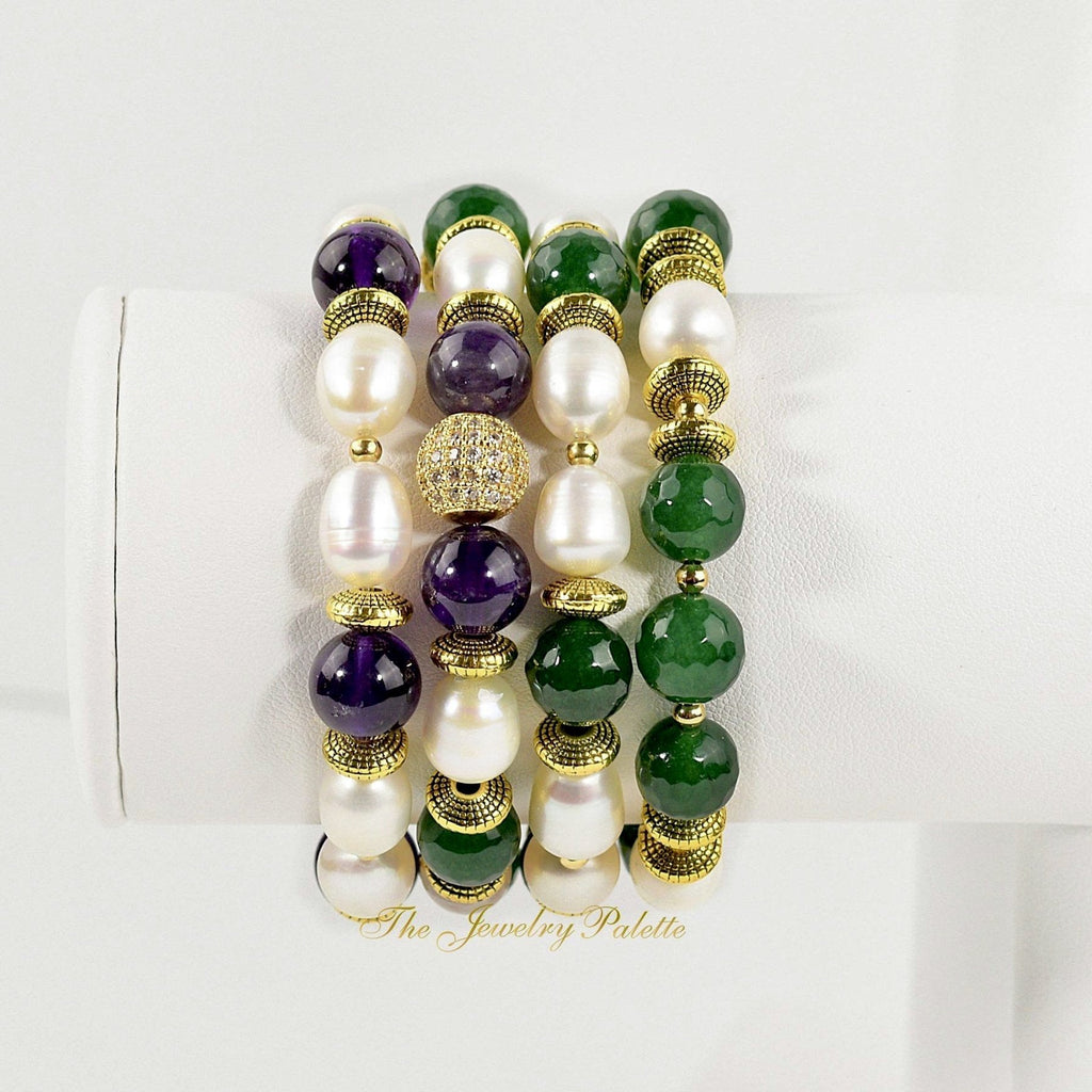 Sophia emerald, amethyst and freshwater pearl stretch bracelets - The Jewelry Palette