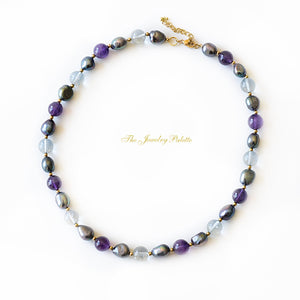 Stella grey pearl, amethyst and topaz choker and chain necklaces - The Jewelry Palette