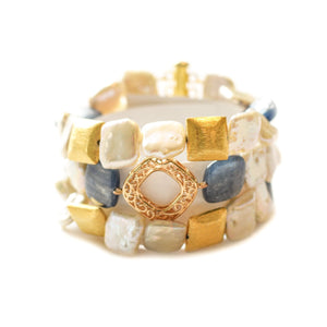 Zara white freshwater pearl and blue gemstone three-tier bracelet - The Jewelry Palette