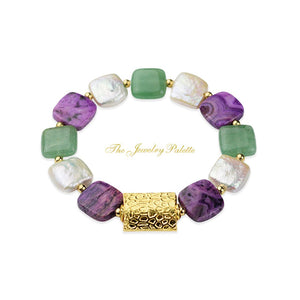 Zara white freshwater pearl, green aventurine and purple agate bracelet - The Jewelry Palette