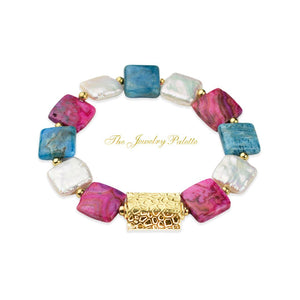 Zara white freshwater pearl, teal apatite and pink agate bracelet - The Jewelry Palette