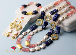 Zara white pearl, lapis lazuli and pink quartz necklace - The Jewelry Palette