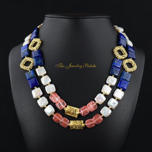 Zara white pearl, lapis lazuli and pink quartz necklace - The Jewelry Palette