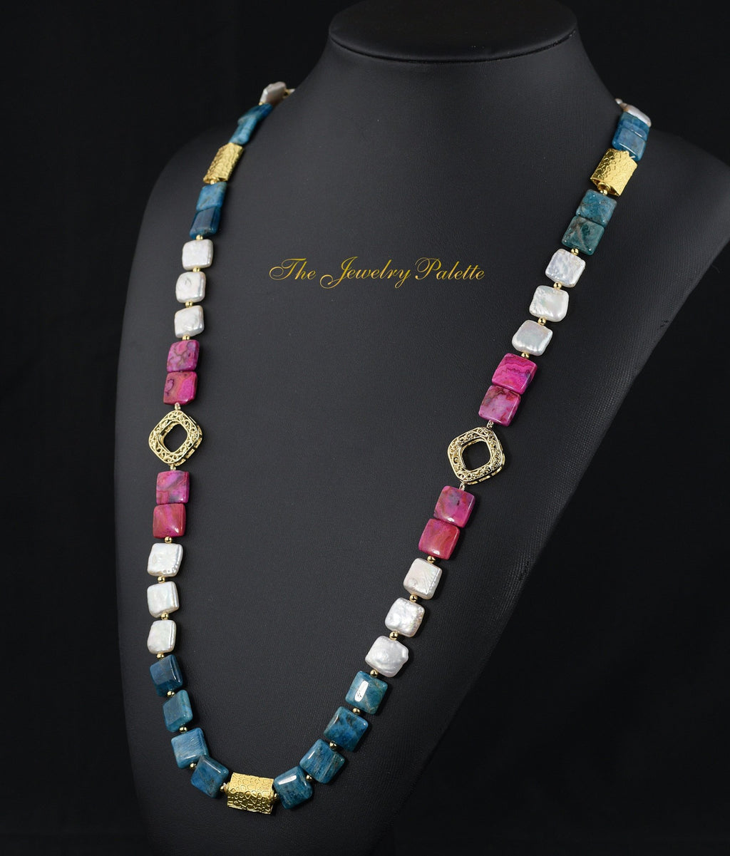 Zara white pearl, teal apatite and pink agate necklace - The Jewelry Palette
