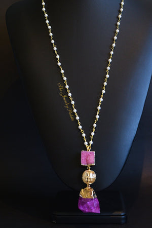 Zoe pearl chain necklaces with druzy and gold raw stone pendants - The Jewelry Palette