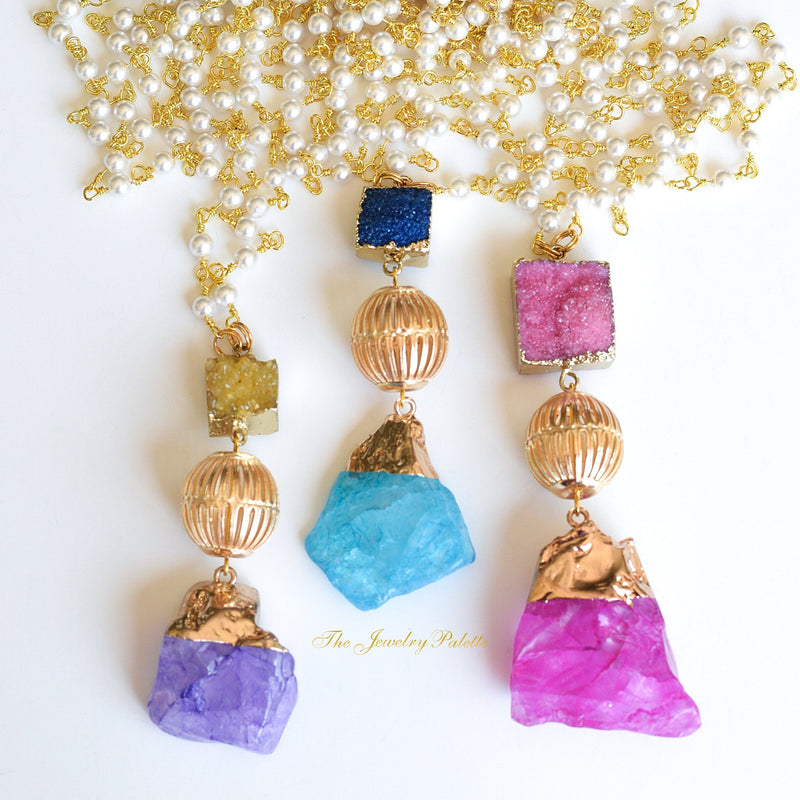 Zoe pearl chain necklaces with druzy and gold raw stone pendants - The Jewelry Palette